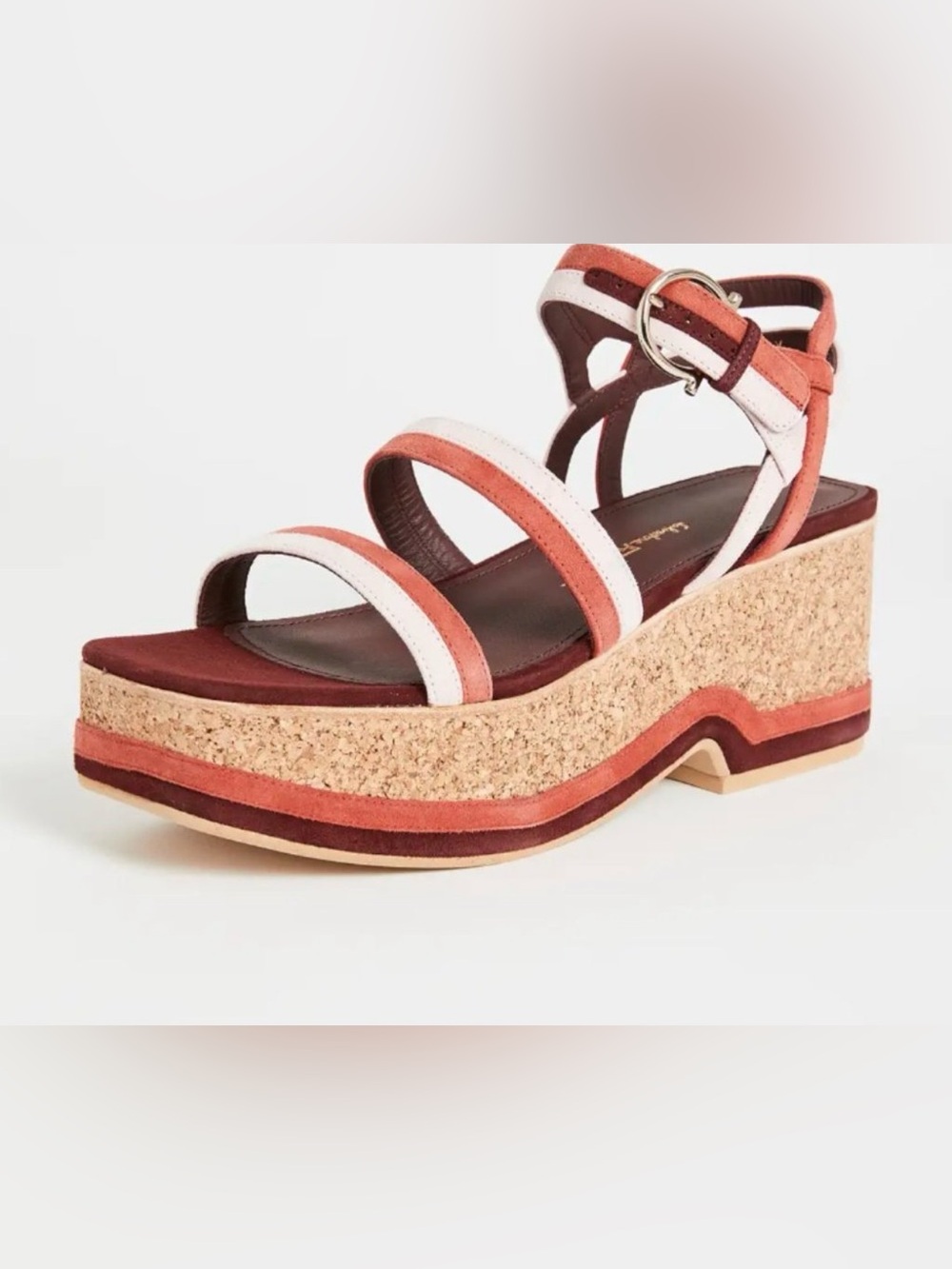 Ferragamo Vintage Platform Cork and Leather Strappy Sandal in Coral and White